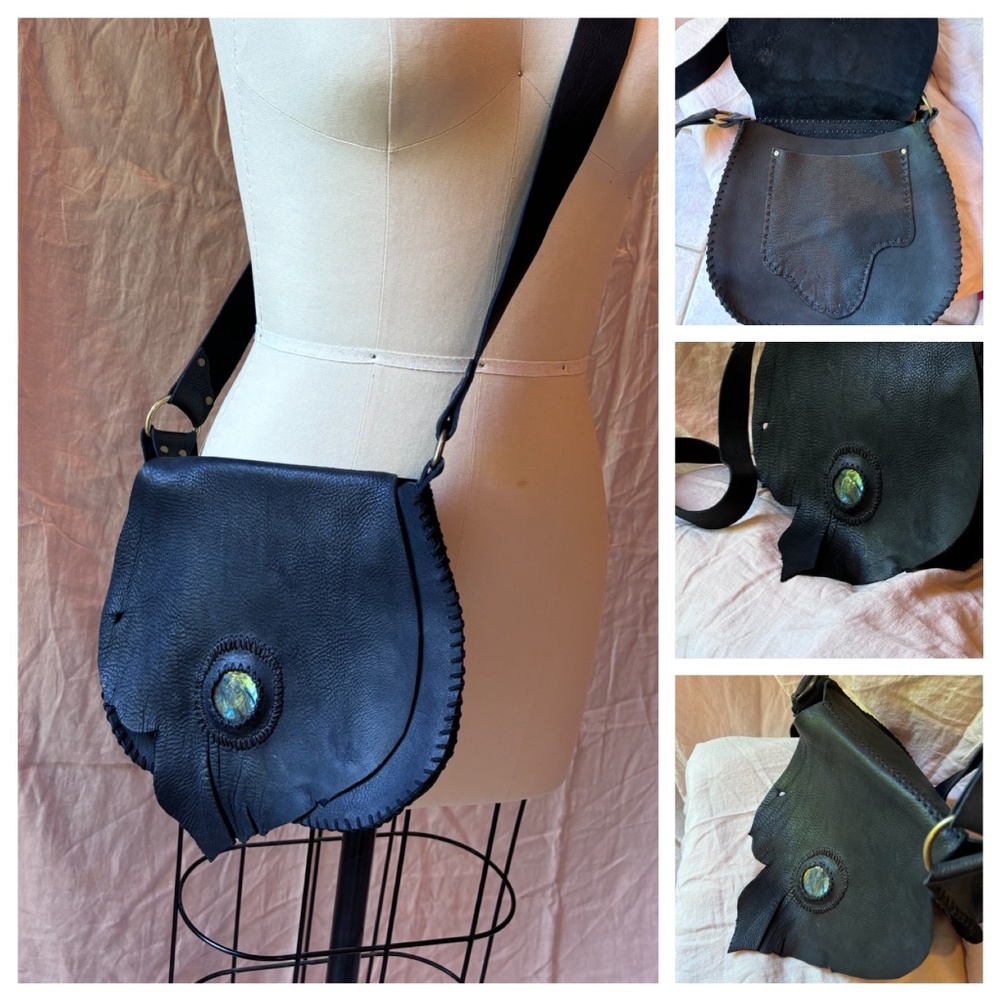 Bohemian Black leather cross body/shoulder bag/purse with labradorite stone. NWT
